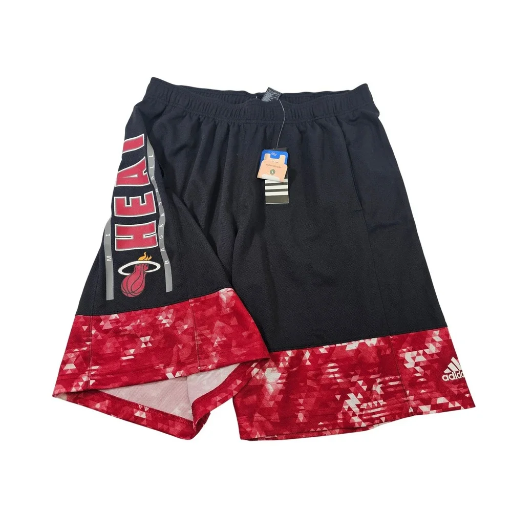 Adidas Basketball Shorts Mens L Black Red Geometric Miami Heat NBA‎ athletic NEW